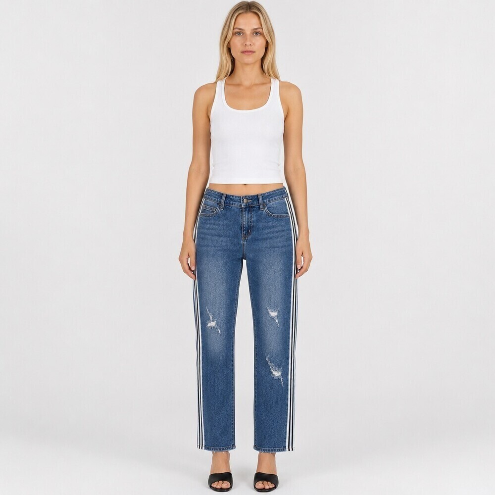 AZI New York Side Stripe Distressed Crop Jeans Size 2 Blue Denim Raw Hem